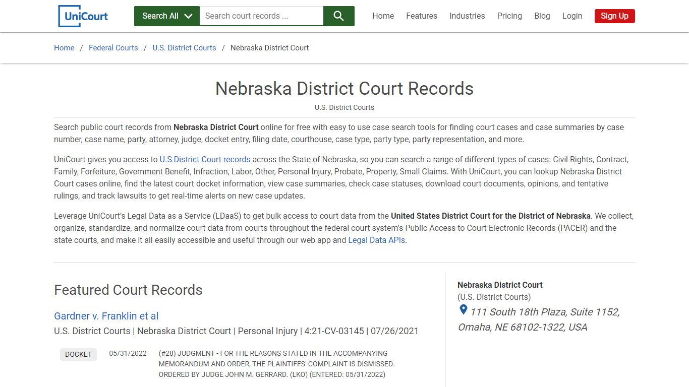 Nebraska District Court Records | PACER Case Search | UniCourt